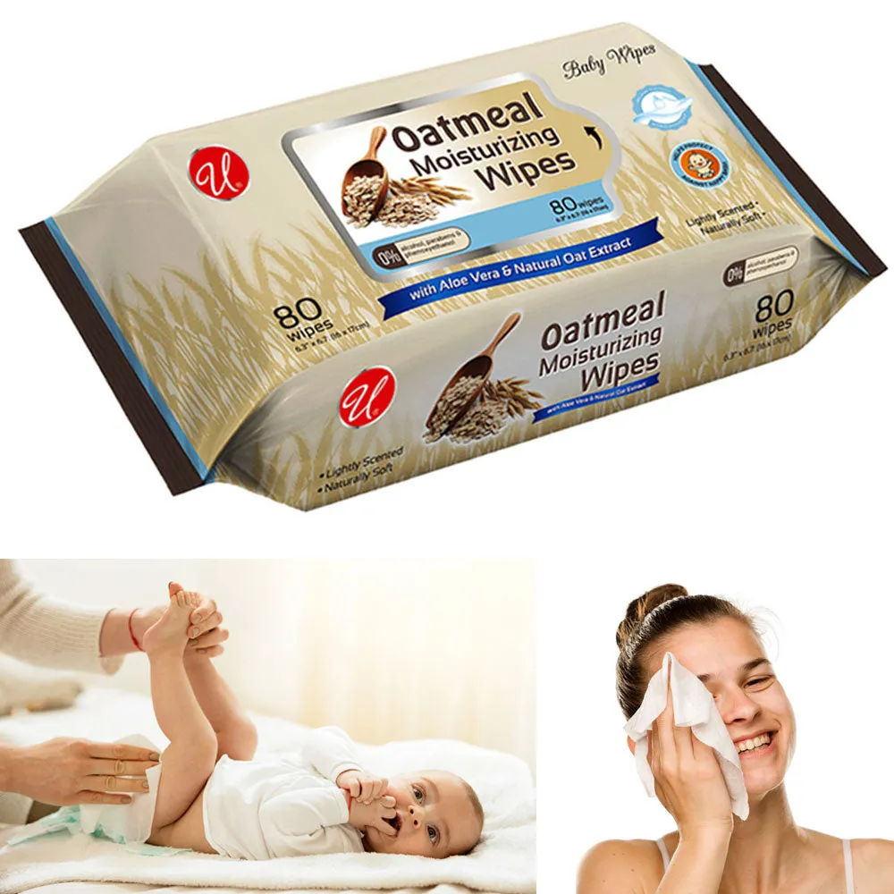 160 Ct Oatmeal Moisturizing Wipes Aloe Baby Cloths Body Face Makeup Remove Odor