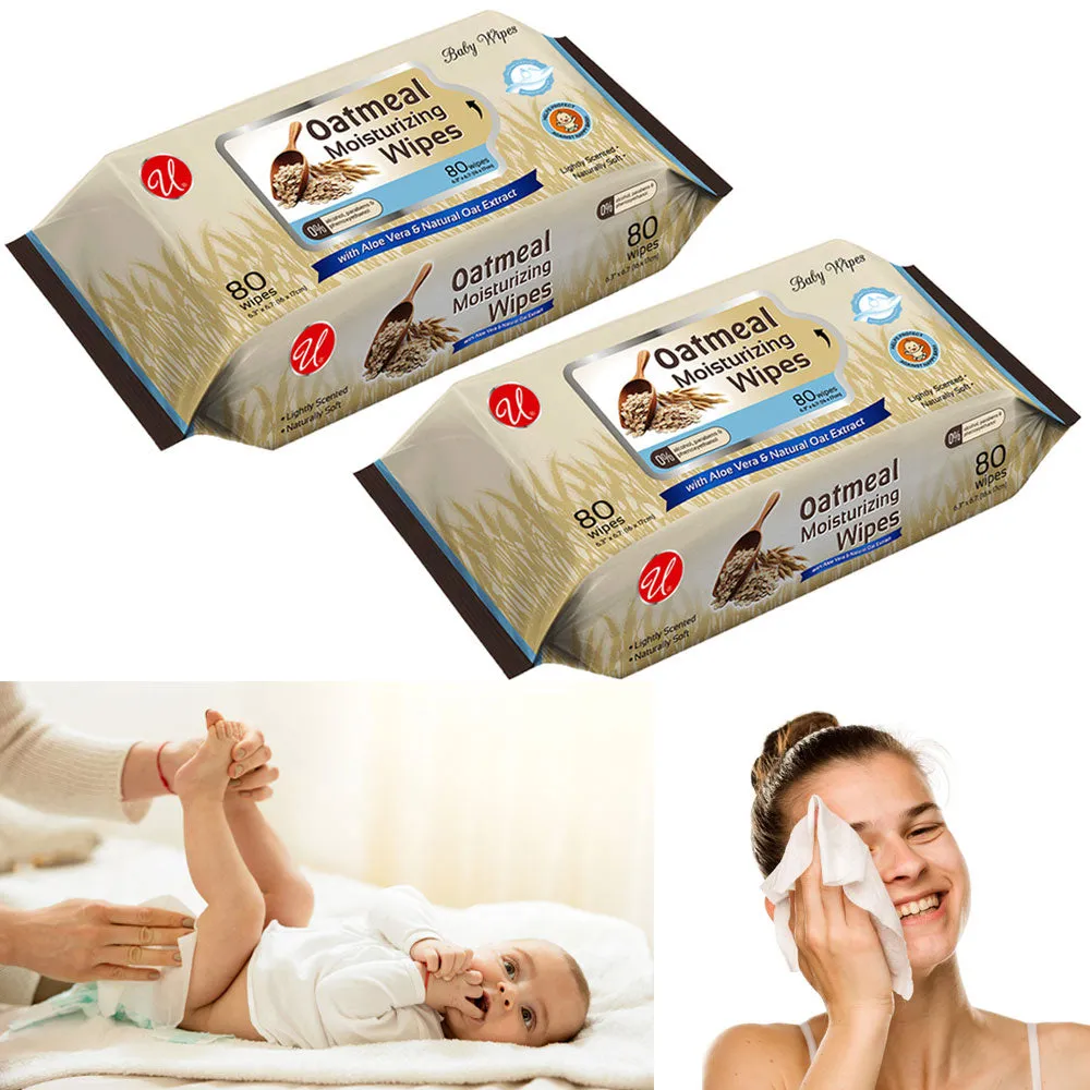 160 Ct Oatmeal Moisturizing Wipes Aloe Baby Cloths Body Face Makeup Remove Odor