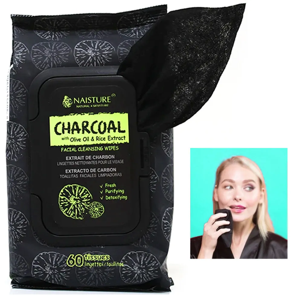 60 Ct Detoxifying Charcoal Facial Cleansing Wipes Face Olive Oil Rice Extract