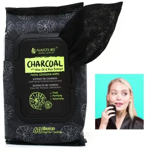 60 Ct Detoxifying Charcoal Facial Cleansing Wipes Face Olive Oil Rice Extract