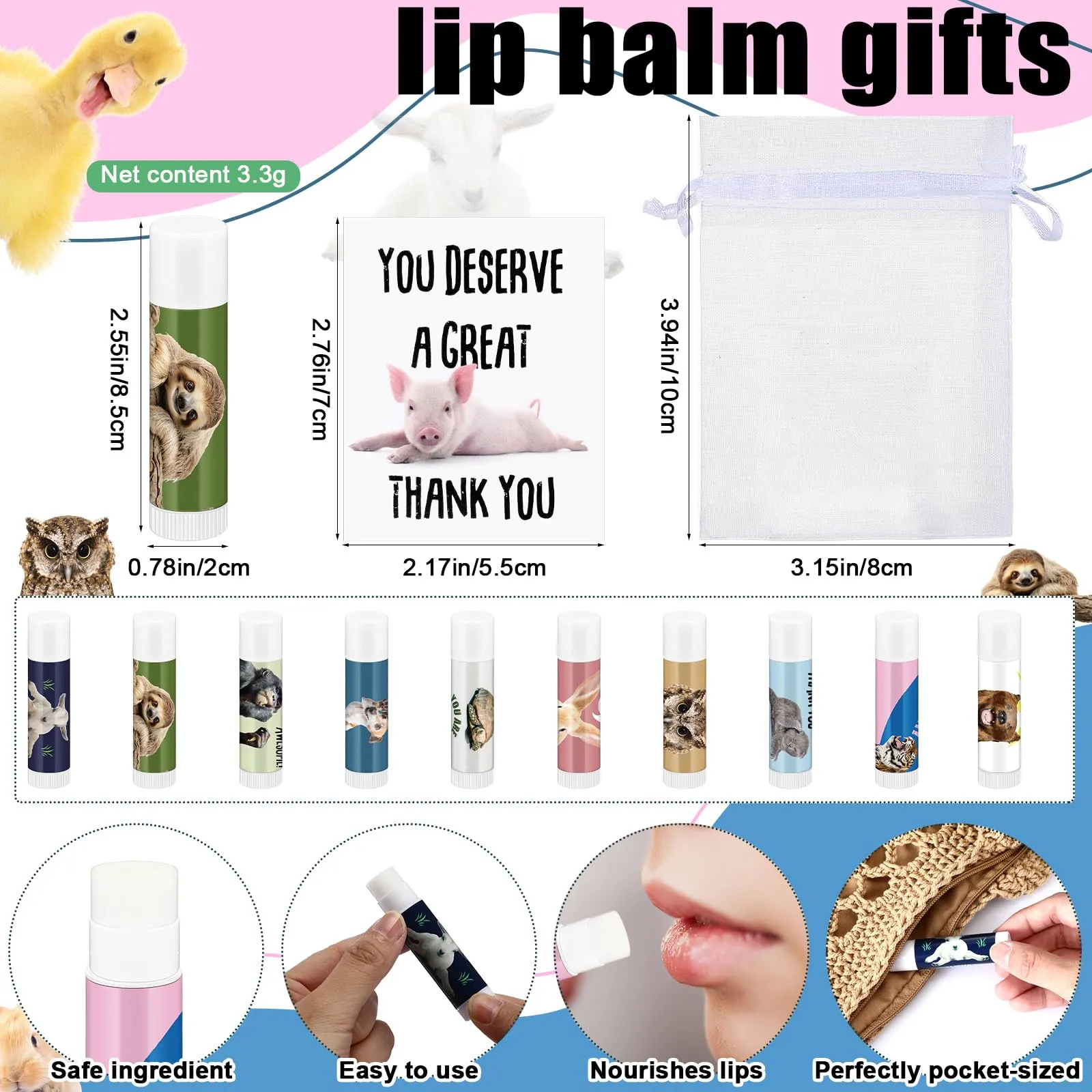Dansib 40 Sets Valentine Day Appreciation Gifts Bulk for Employee Coworker Funny Animal Pun Lip Balm Inspirational Thank You Note Card with Organza Bag for Staff Team Volunteer