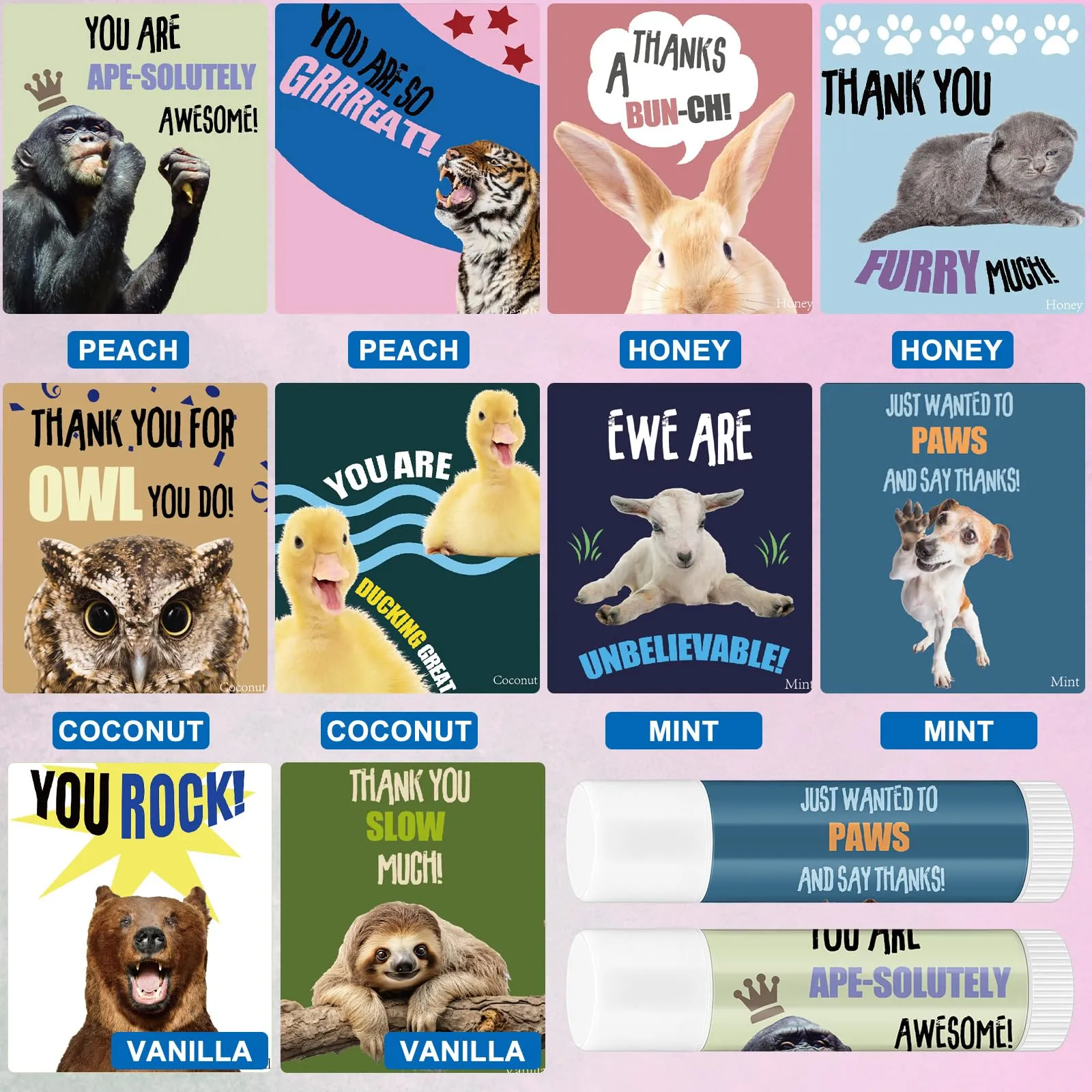 Dansib 40 Sets Valentine Day Appreciation Gifts Bulk for Employee Coworker Funny Animal Pun Lip Balm Inspirational Thank You Note Card with Organza Bag for Staff Team Volunteer